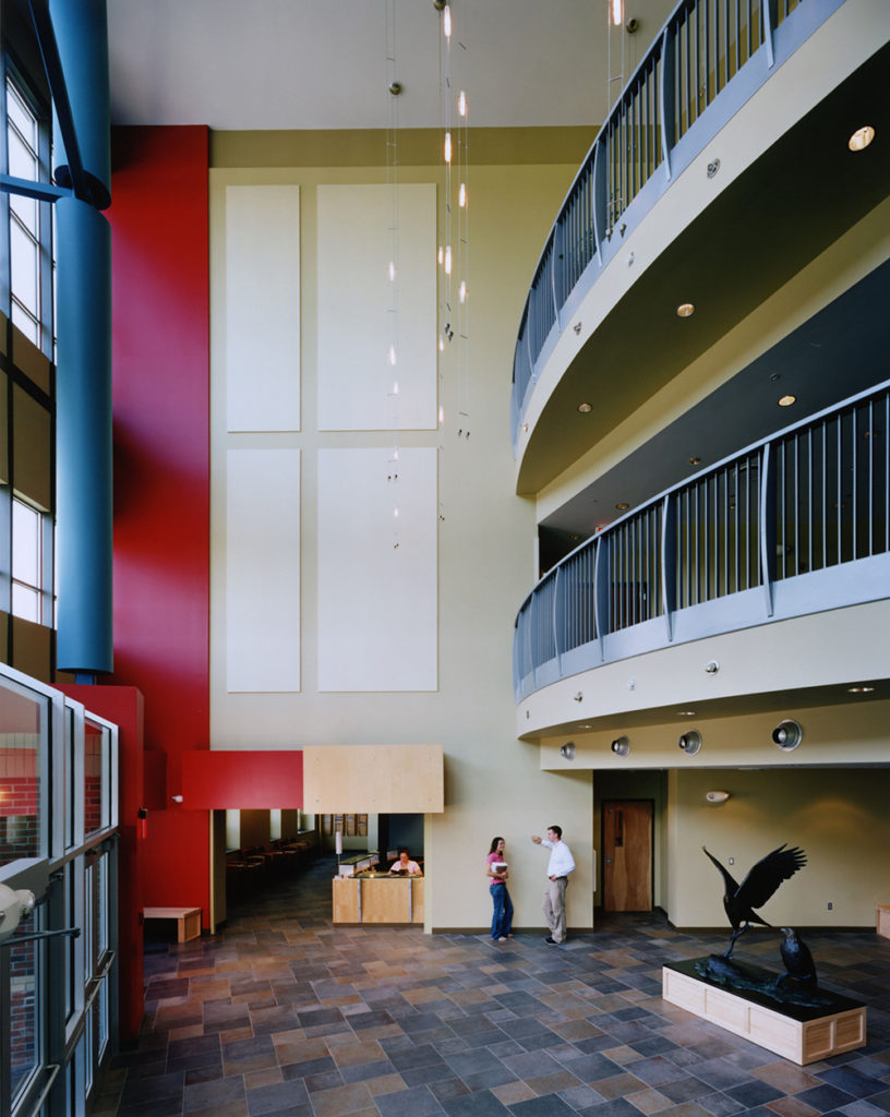 The interior design of the welcome lobby for the Husson University O’Donnell Commons in Bangor, Maine.