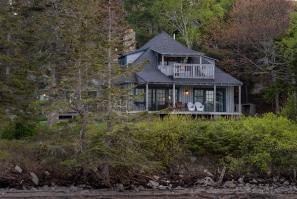 A view of the Rowse Cottage in Southwest Harbor, Maine from the beach.